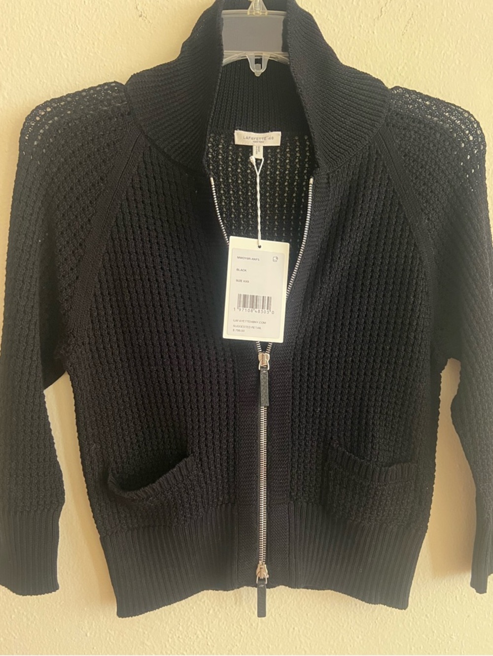 NWT $798 Lafayette 148 New York Black Zip Knit Cardigan 100% cotton Size XXS - Picture 2 of 12